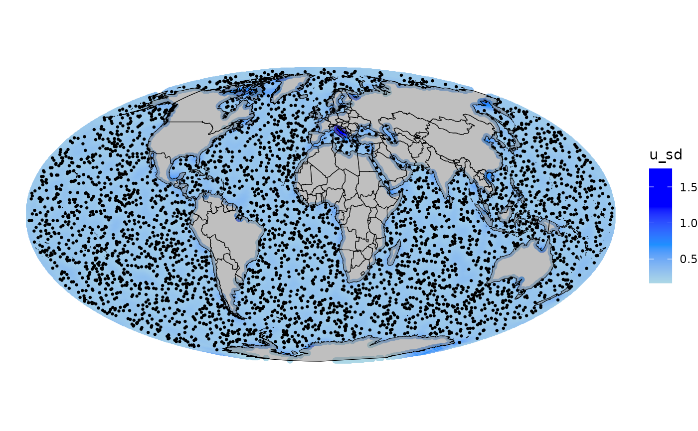Posterior standard deviation of the random field with the observed points (black docs)